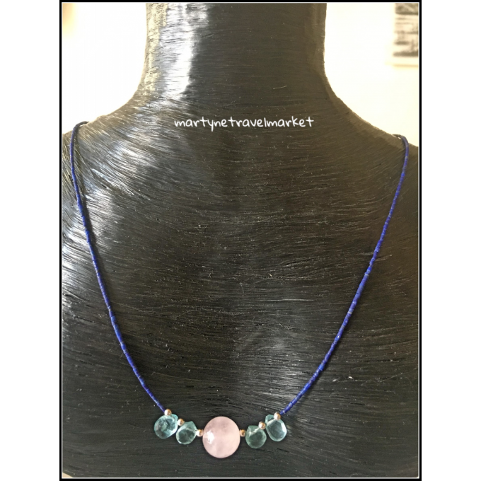 RAS DE COU LAPIZ QUARTZ ROSE ET AIGUE MARINE